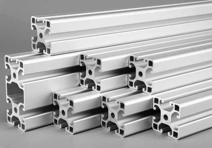 Aluminum extrusion profile bars on gray background. Metal construction industry engineering and material concept.